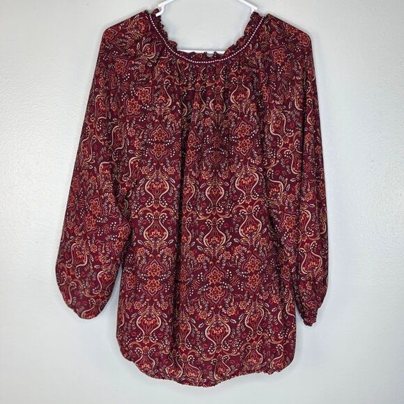Max Studio Burgundy Paisley Balloon Sleeve Chiffon Blouse Size Large - Picture 7 of 11
